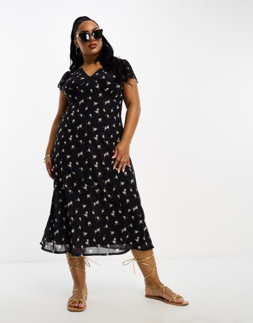 River Island Plus midi tea dress with frill sleeves in black