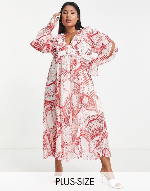 River Island Plus – Midikleid in Rot mit Rüschen