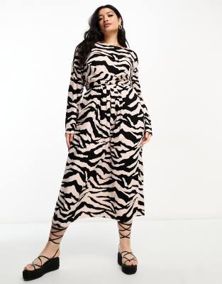 River Island Plus - Midikleid mit geknoteter Rückseite und beigem Animalprint-Neutral