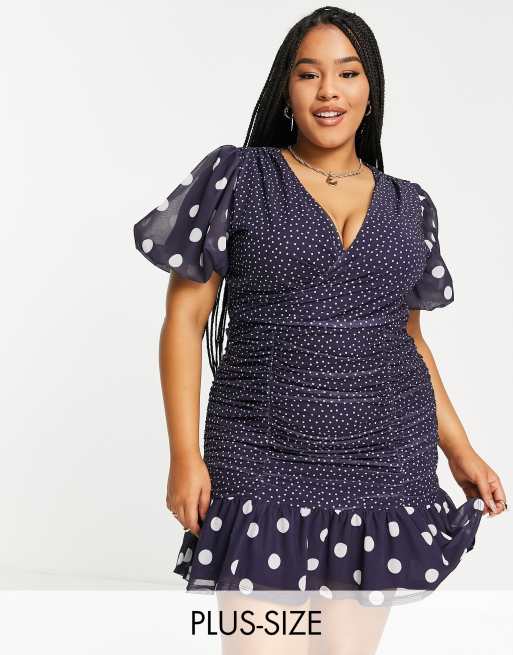 River Island Plus - Mini jurk met gemixte stippenprint in blauw