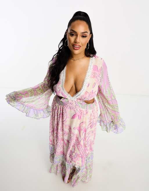 River Island Plus mix print tiered maxi beach dress in purple | ASOS