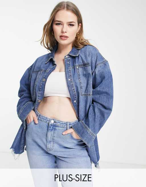 River Island Plus – Niebieska jeansowa koszula wierzchnia z przetarciami