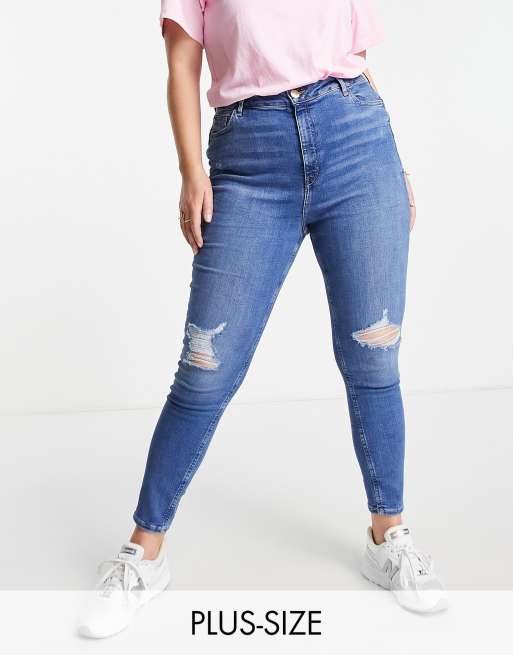 River Island Plus – Niebieskie jeansy o obcisłym kroju z podwyższonym stanem i przetarciami