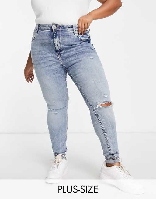 River Island Plus – Niebieskie obcisłe jeansy modelujące z podwyższonym stanem i przedarciami