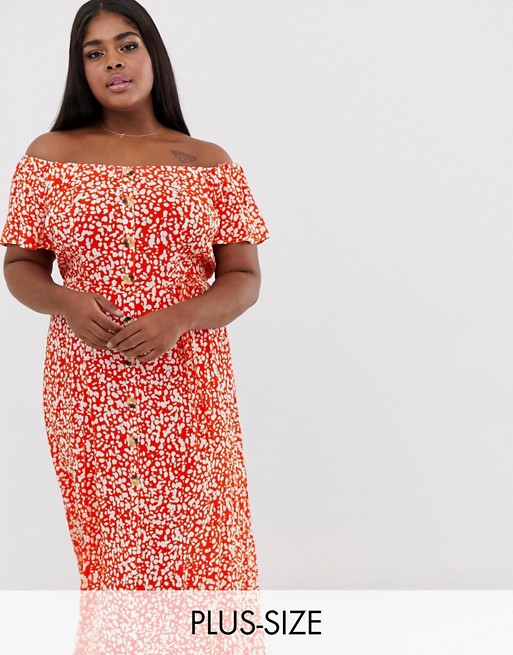 River Island Plus off the shoulder button through dress in red floral print