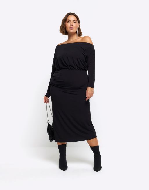 River Island Plus off the shoulder midi dress in black