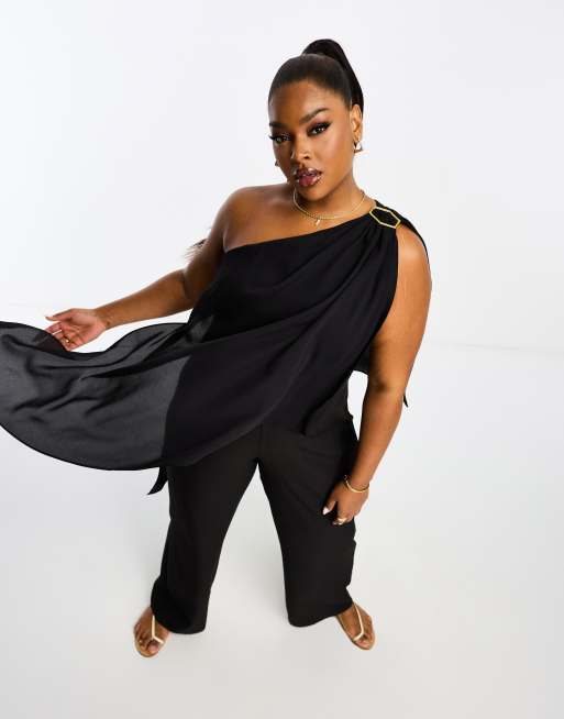 River Island Plus one shoulder drape jumpsuit in black | ASOS