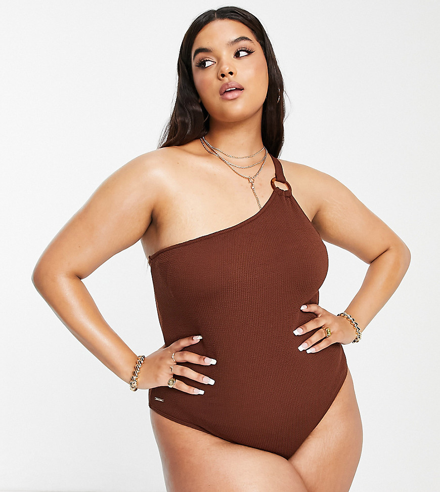 one shoulder textured swimsuit in brown