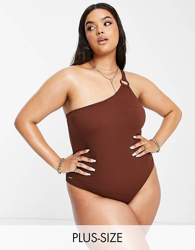 River Island Plus - one shoulder textured swimsuit in brown