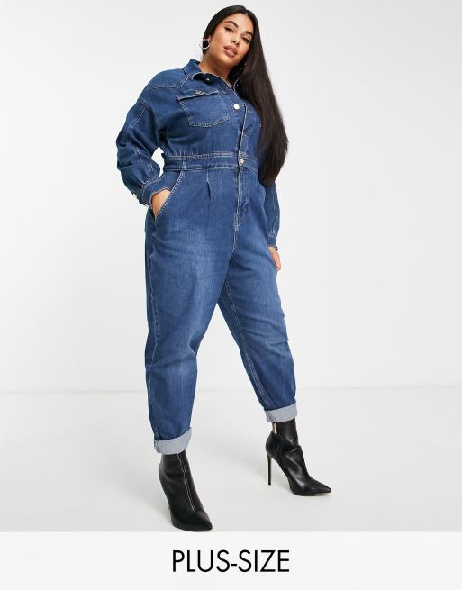 River Island Plus - Overall van denim in medium blauw