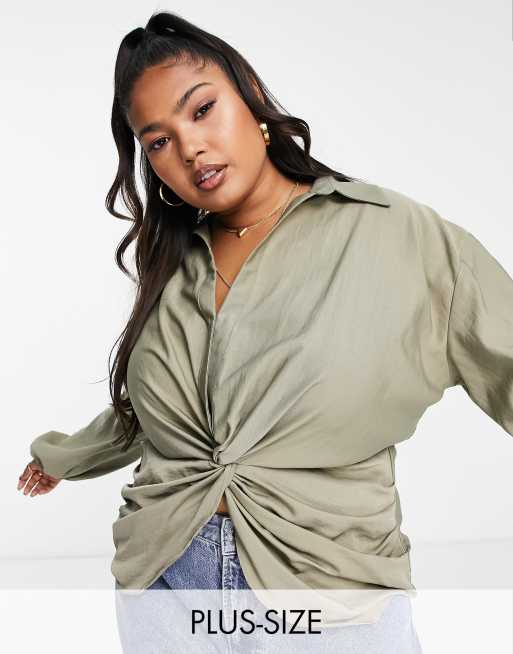 River Island Plus - Overhemd met gedraaide voorkant in khaki