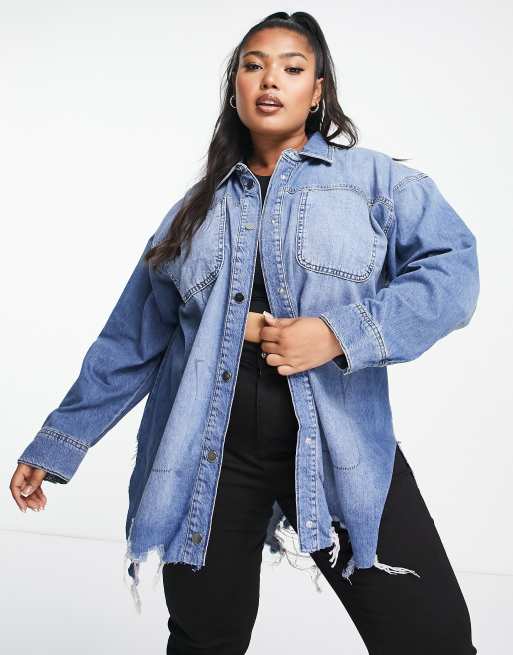 River Island Plus - Overhemd van distressed denim in blauw