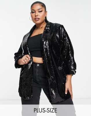 River Island Plus - Oversize-Blazer in Schwarz mit Paillettenbesatz, Kombiteil