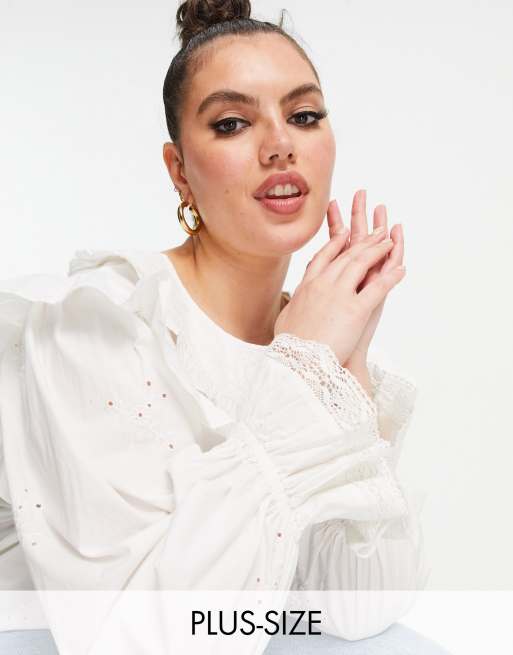 River Island Plus oversized frill collar blouse in white