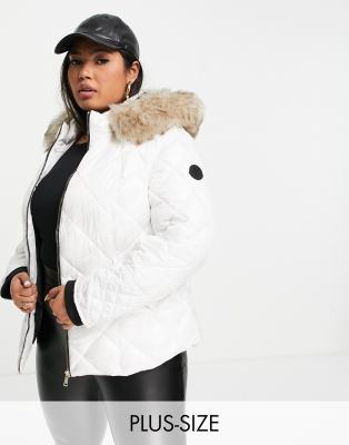 River Island Plus padded puffer jacket with faux fur hood in white