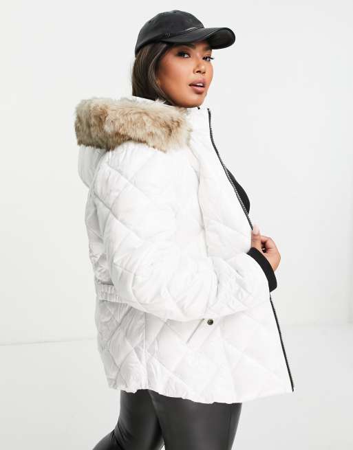 White quilted coat with fur hood hot sale