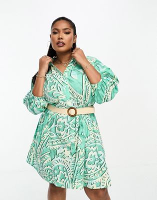 River Island Plus paisley belted shirt dress in green