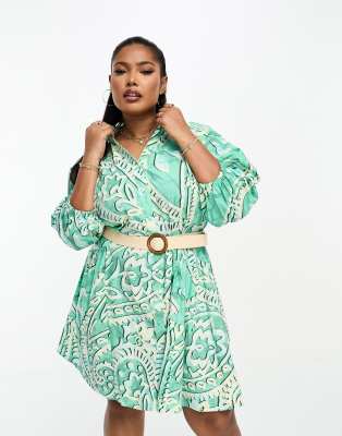 River Island Plus Paisley Belted Shirt Dress In Green | ModeSens
