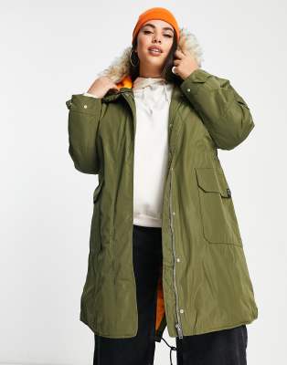 Topshop Tall Faux Fur Longline Aviator Coat In Olive-green