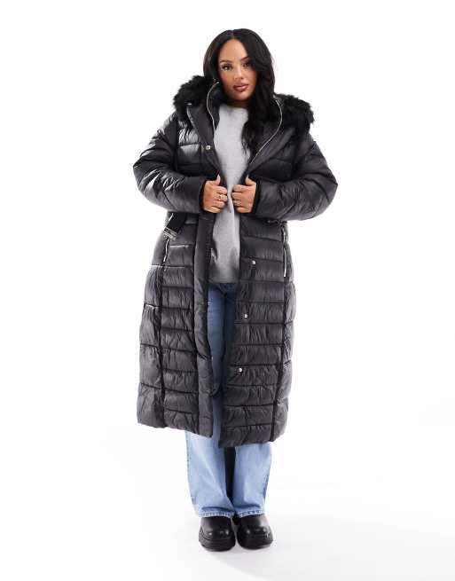 River Island Plus - Piumino lungo nero con pelliccia sintetica sul cappuccio e cintura, 4 di 4