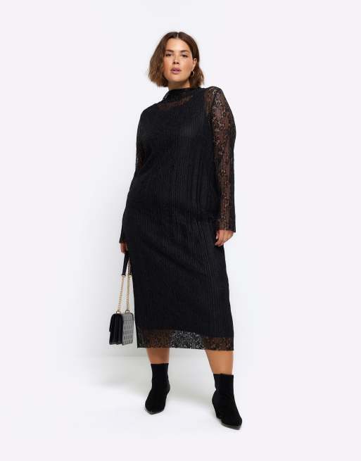 River Island Plus pleated lace dress in black