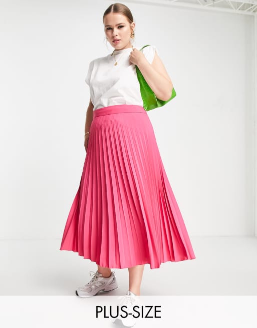 River Island Plus pleated midi skirt in bright pink