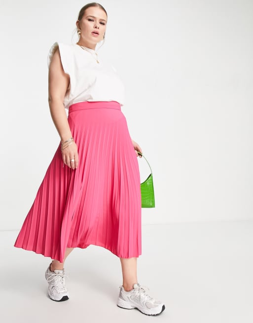 River Island Plus pleated midi skirt in bright pink