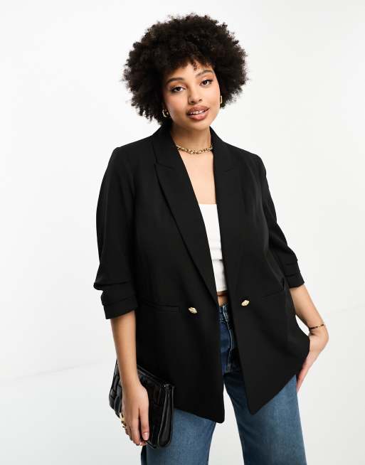 River Island Plus pleated sleeve blazer in black | ASOS