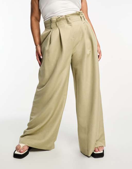 River Island Plus pleated wide leg pants in light khaki ASOS