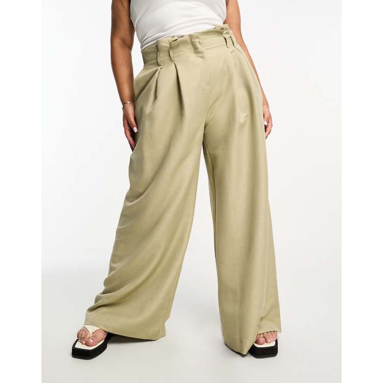 River Island Plus pleated wide leg trouser in light khaki