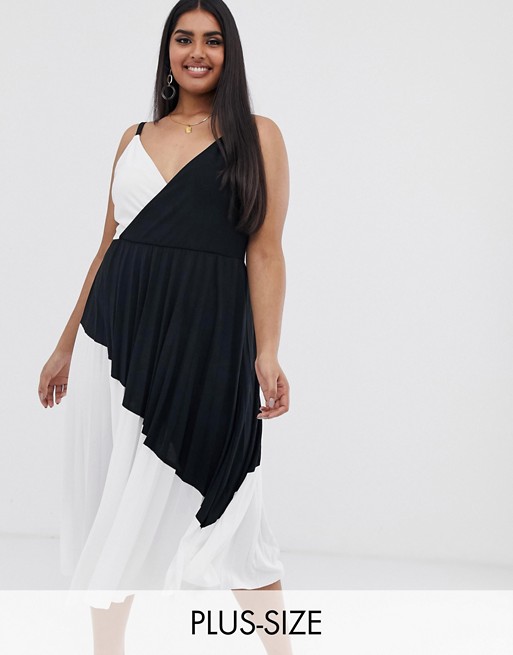 River Island Plus pleated wrap dress in black and white