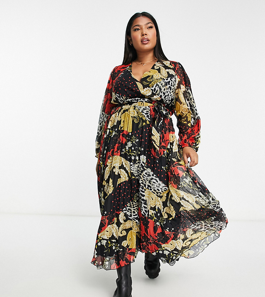 River Island Plus Pleated Wrap Midaxi Dress In Mixed Print-black | ModeSens