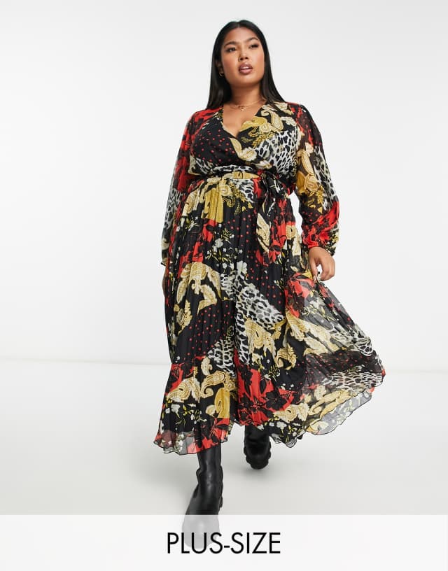 River Island Plus pleated wrap midaxi dress in mixed print