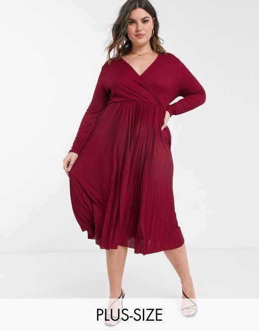 River Island Plus pleated wrap midi dress in burgundy | ASOS