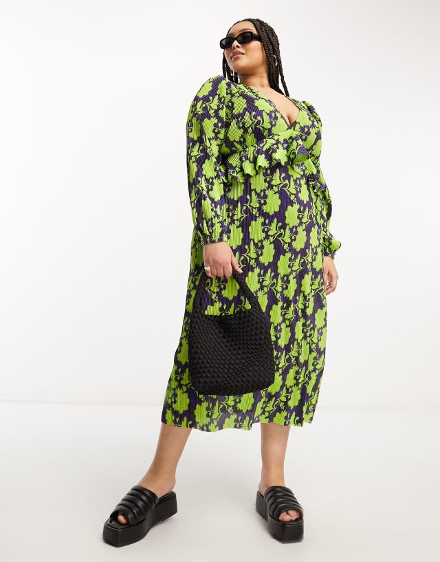 River Island - plus plisse midi smock dress in bright green