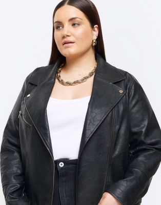 River Island Plus Plus faux leather biker jacket in black - ASOS Price Checker