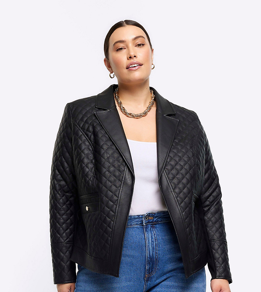 River Island Plus Plus faux leather quilted blazer in black