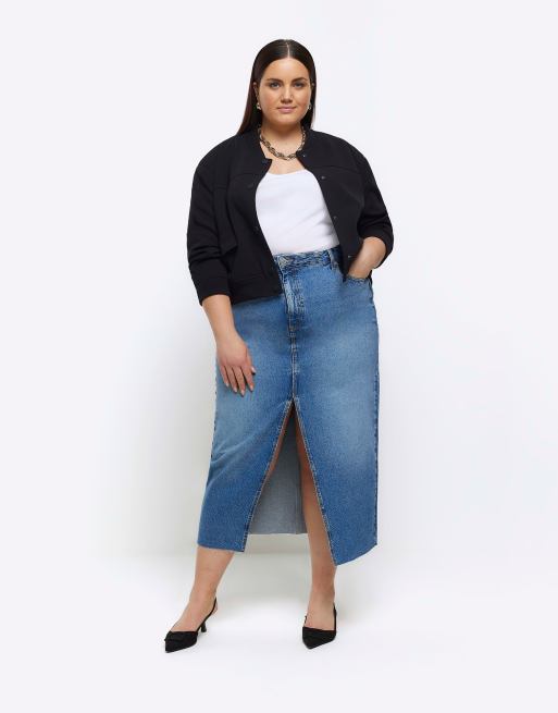 Plus High Waisted Split Front Denim Maxi Skirt