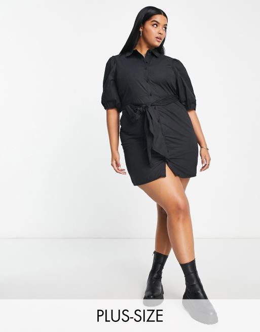 Puff Sleeve Button Down Mini Shirt Dress Black