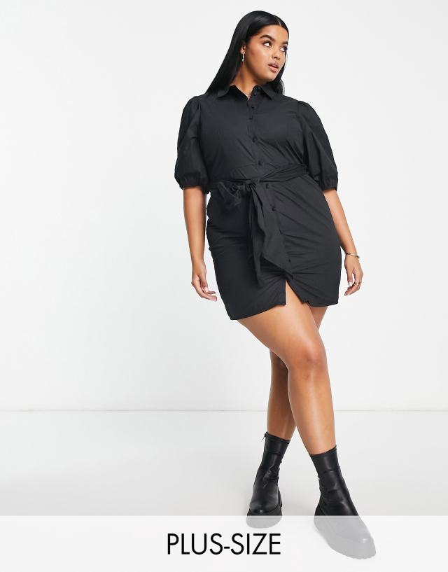 River Island Plus - poplin mini shirt dress in black