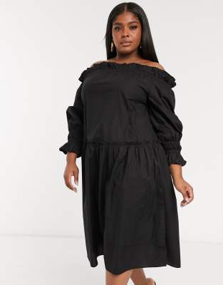 black puff sleeve bardot dress