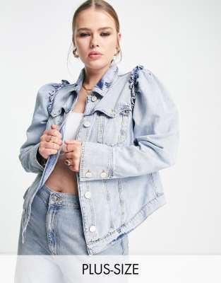 River Island Plus puff sleeve denim jacket in light blue