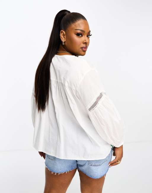 River Island Plus puff sleeve green embroidered smock top in white ASOS