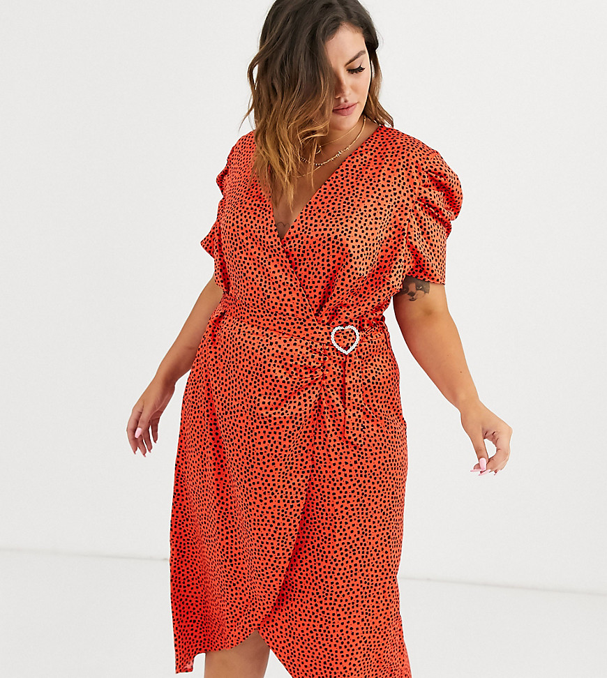 River Island Plus puff sleeve mini dress in spot print-Red