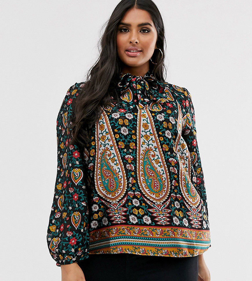 River Island Plus pussybow blouse in scarf print-Gold