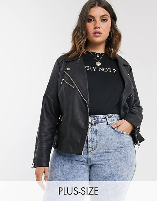 River Island Plus quilted faux leather jacket in black | ASOS
