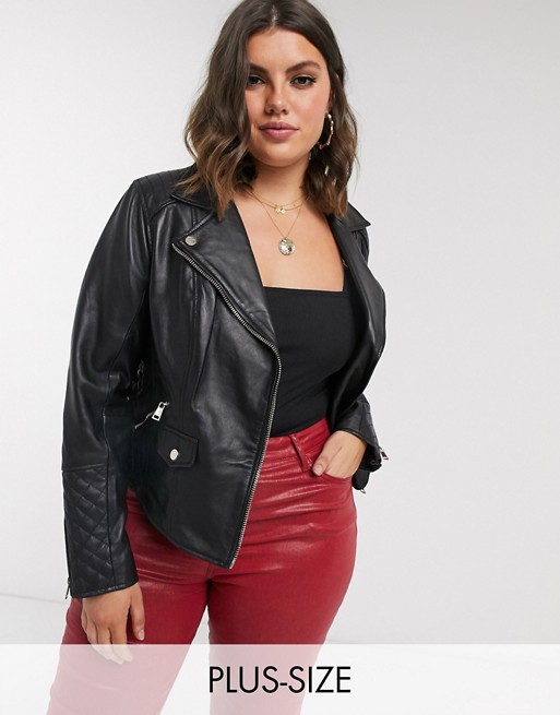 River Island Plus real leather biker jacket with quilted sleeve in black