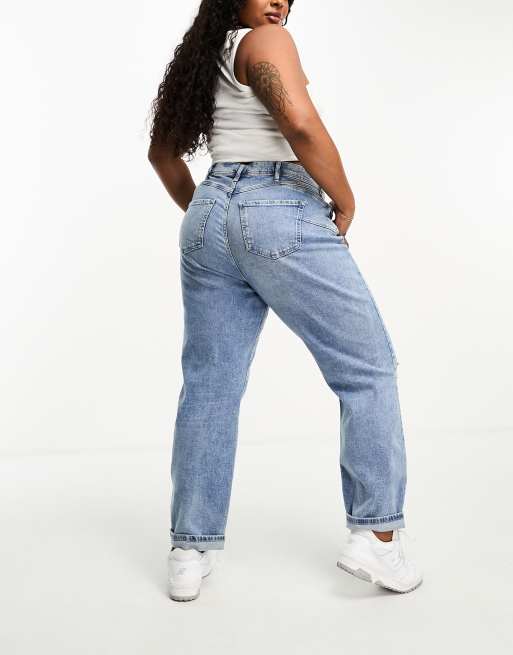 Plus Size Mid Blue Slim Fit Mom Jeans