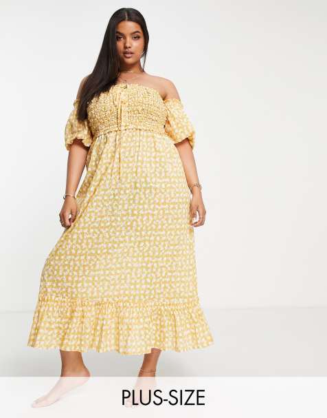 River Island Plus - Robe de plage mi-longue froncée à encolure Bardot - Jaune - view 1