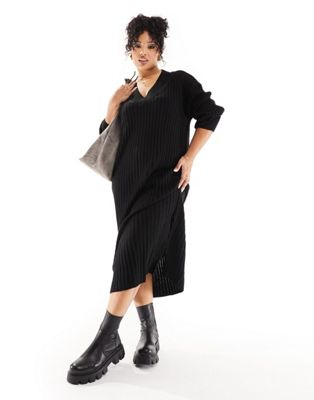 River Island Plus rib maxi knit dress in black - ASOS Price Checker